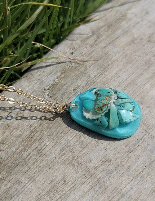 02 Necklaces N1639 Gold Turquoise Stone Shell Inlay Necklace with FREE Earrings