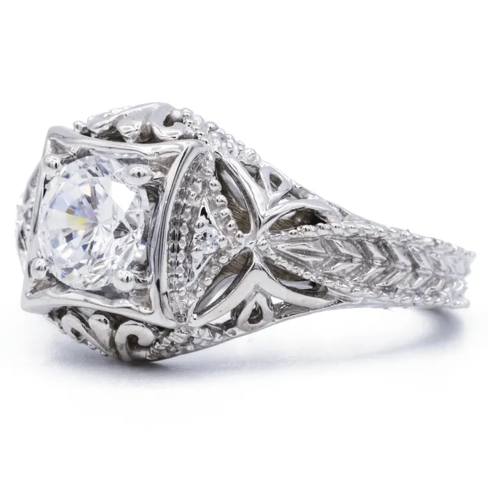 55mm Round Center 14K White Solid Gold Milgrain Design Ring Fire Brilliance Rings