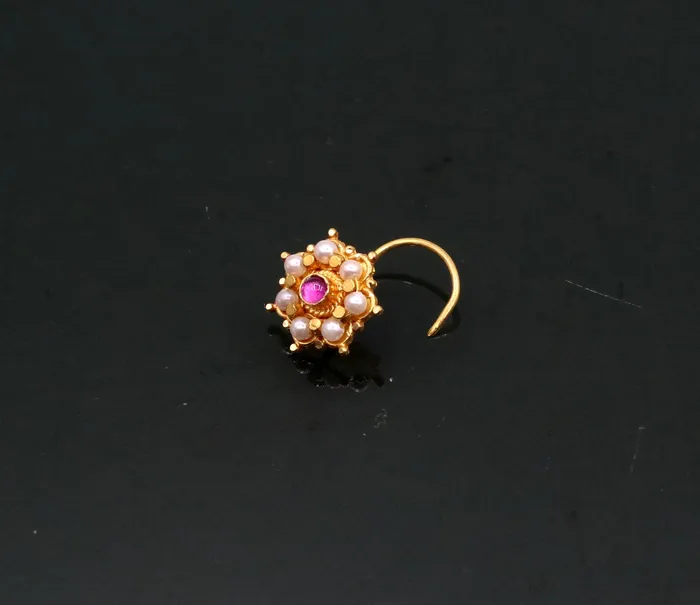 TRIBAL ORNAMENTS Earrings Awesome 6 white pearl and red stone 20kt yellow gold nose pin nose stud Indian vintage antique design handmade tribal jewelry gnp26