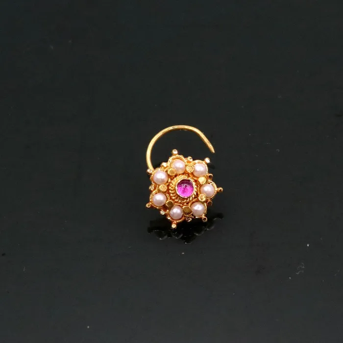 TRIBAL ORNAMENTS Earrings Awesome 6 white pearl and red stone 20kt yellow gold nose pin nose stud Indian vintage antique design handmade tribal jewelry gnp26