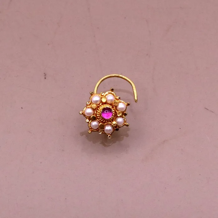 TRIBAL ORNAMENTS Earrings Awesome 6 white pearl and red stone 20kt yellow gold nose pin nose stud Indian vintage antique design handmade tribal jewelry gnp26