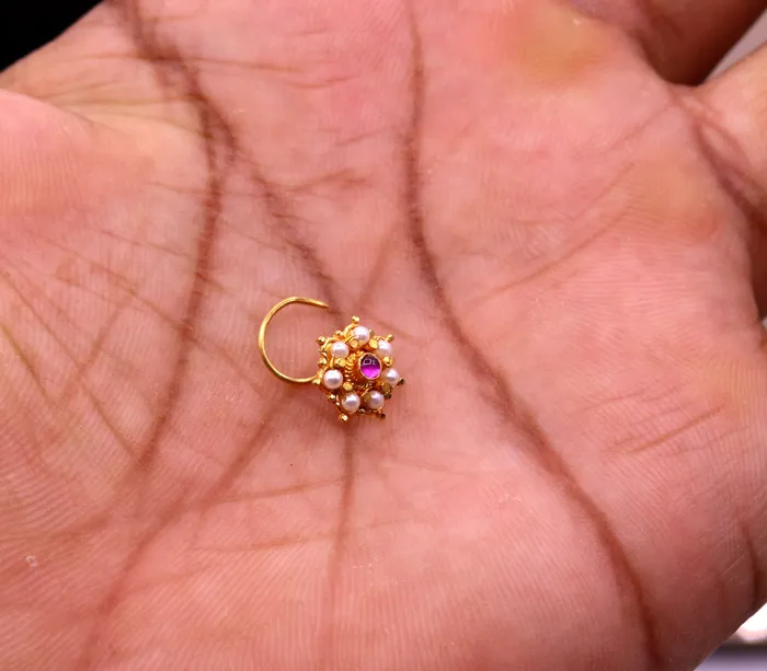TRIBAL ORNAMENTS Earrings Awesome 6 white pearl and red stone 20kt yellow gold nose pin nose stud Indian vintage antique design handmade tribal jewelry gnp26
