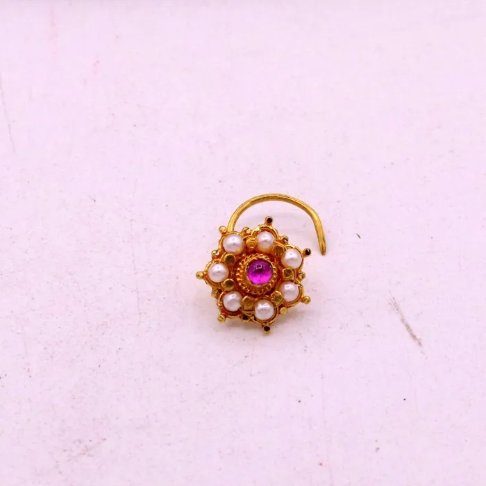 TRIBAL ORNAMENTS Earrings Awesome 6 white pearl and red stone 20kt yellow gold nose pin nose stud Indian vintage antique design handmade tribal jewelry gnp26