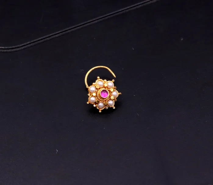 TRIBAL ORNAMENTS Earrings Awesome 6 white pearl and red stone 20kt yellow gold nose pin nose stud Indian vintage antique design handmade tribal jewelry gnp26