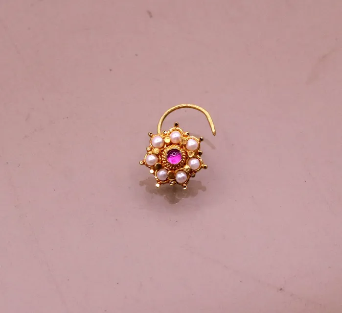 TRIBAL ORNAMENTS Earrings Awesome 6 white pearl and red stone 20kt yellow gold nose pin nose stud Indian vintage antique design handmade tribal jewelry gnp26