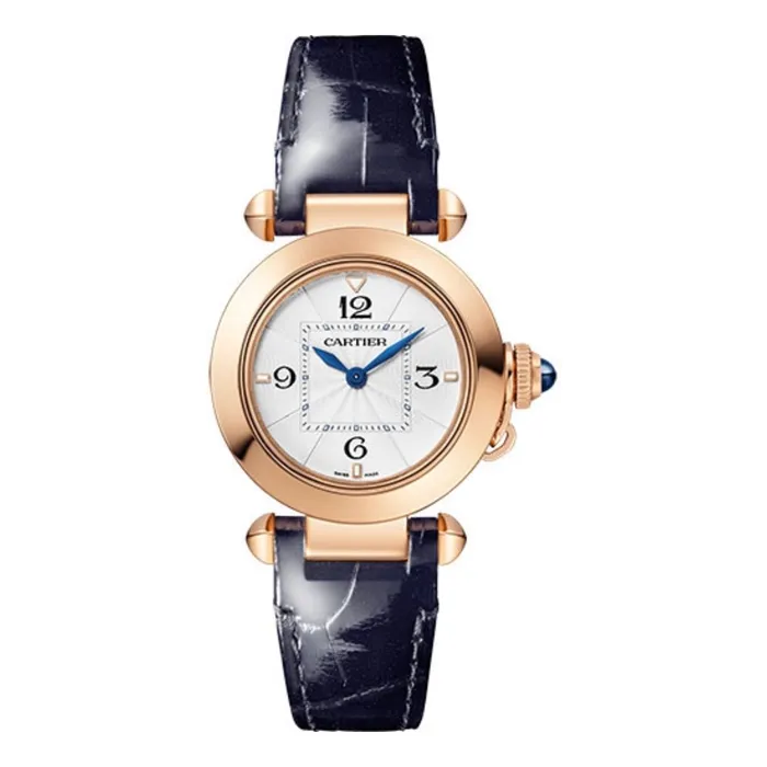 Cartier Cartier Pasha de Cartier 30mm Womens watch Ref WGPA0018 Silver Roman Dial in 18K Rose Gold Case Blue Alligator Strap Earrings Cartier Cartier Pasha de Cartier 30mm Womens watch Ref WGPA0018 Silver Roman Dial in 18K Rose Gold Case Blue Alligator Strap Earrings