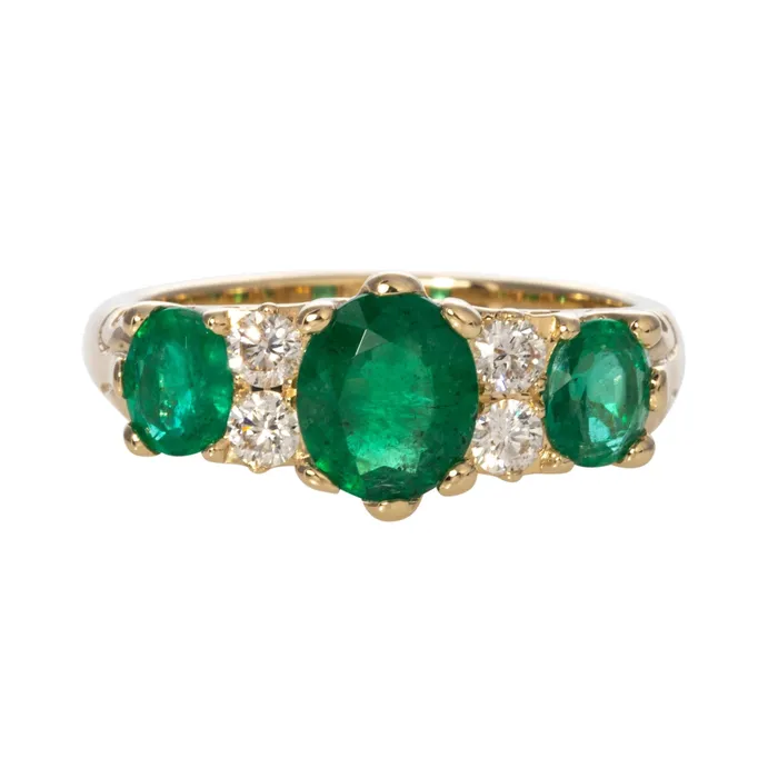 Croghans Rings Victorian Style 3Stone Emerald Diamond 14K Gold Ring