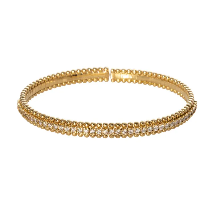 Diamond 18K Yellow Gold Bead Edge Flexible Cuff Bangle Croghans PreStyled Sets Diamond 18K Yellow Gold Bead Edge Flexible Cuff Bangle Croghans PreStyled Sets