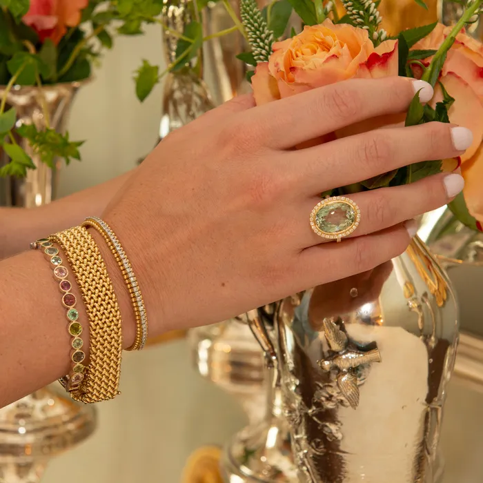 Diamond 18K Yellow Gold Bead Edge Flexible Cuff Bangle Croghans PreStyled Sets