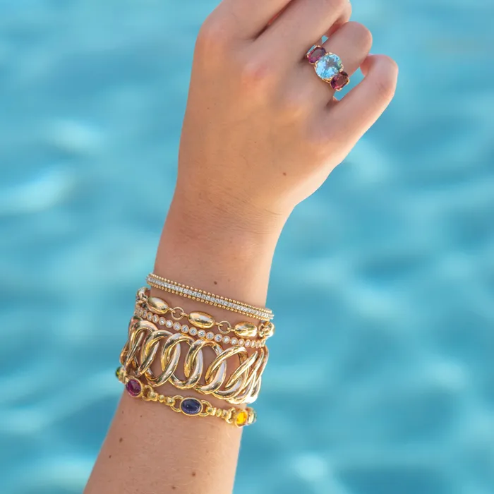 Diamond 18K Yellow Gold Bead Edge Flexible Cuff Bangle Croghans PreStyled Sets