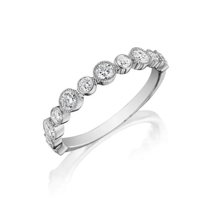 Henri Daussi Rings Diamond Bezel Milgrain 14K White Gold Halfway Band