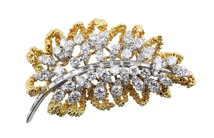 PreStyled Sets CJ Charles Jewelers 18k Yellow Gold Platinum Diamond Leaf Brooch PreStyled Sets CJ Charles Jewelers 18k Yellow Gold Platinum Diamond Leaf Brooch