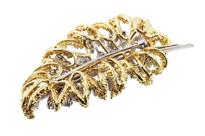 PreStyled Sets CJ Charles Jewelers 18k Yellow Gold Platinum Diamond Leaf Brooch PreStyled Sets CJ Charles Jewelers 18k Yellow Gold Platinum Diamond Leaf Brooch