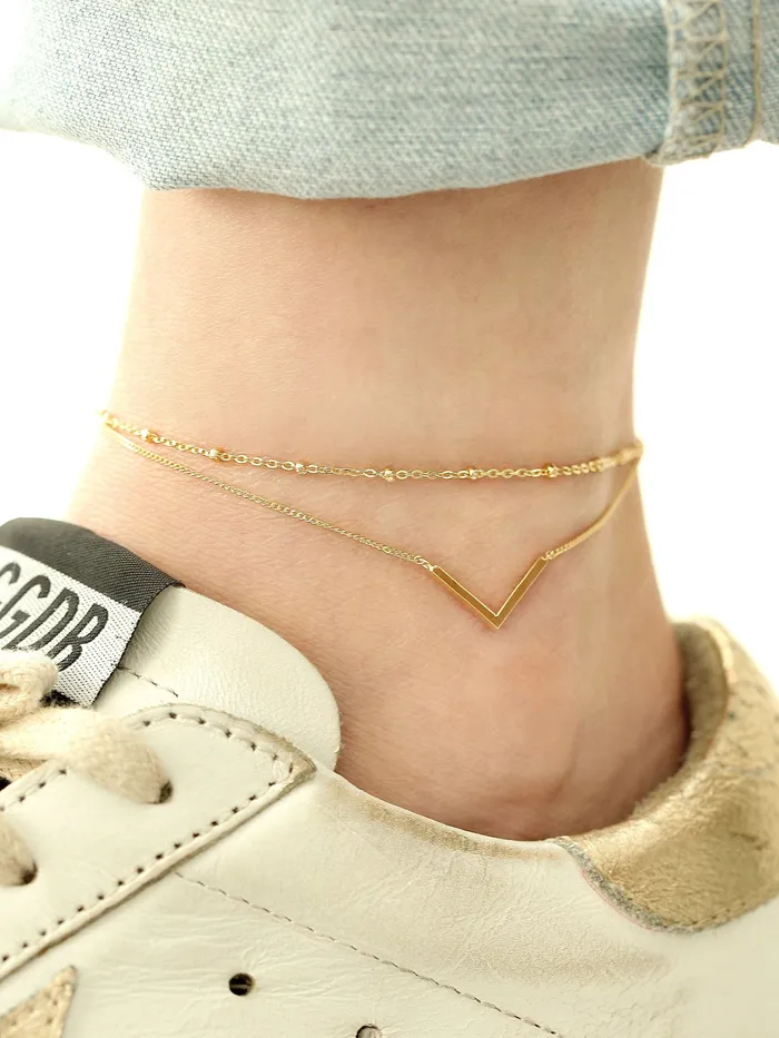 MinimalBijoux 14K 18K Gold V Line Ball Anklet PreStyled Sets