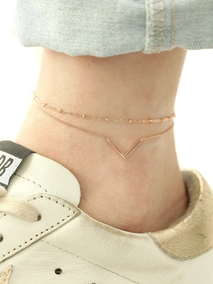 MinimalBijoux 14K 18K Gold V Line Ball Anklet PreStyled Sets