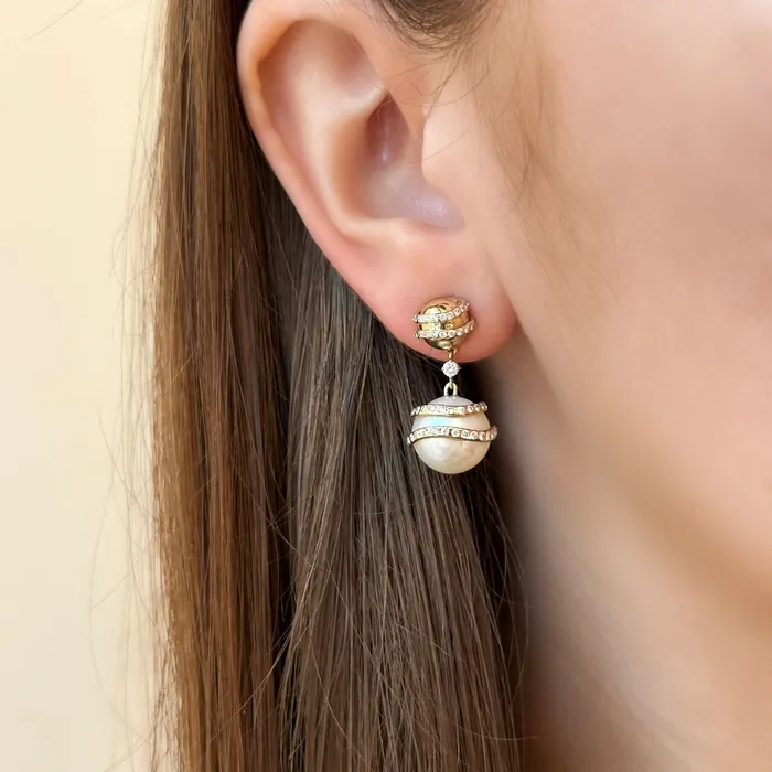 Gold Bead and Pearl Pave Drop Earrings SG Fine Earrings