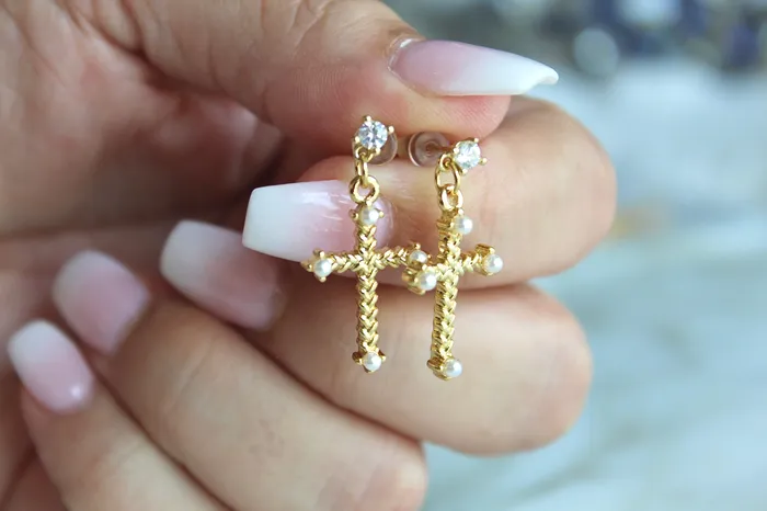 TheLittleCatholic Cross Pearl Earrings Earrings