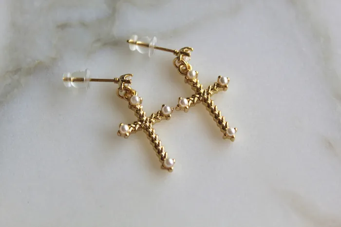 TheLittleCatholic Cross Pearl Earrings Earrings