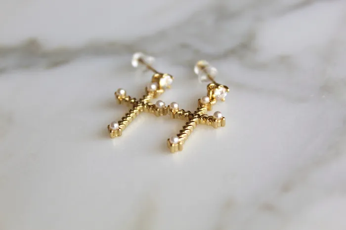 TheLittleCatholic Cross Pearl Earrings Earrings